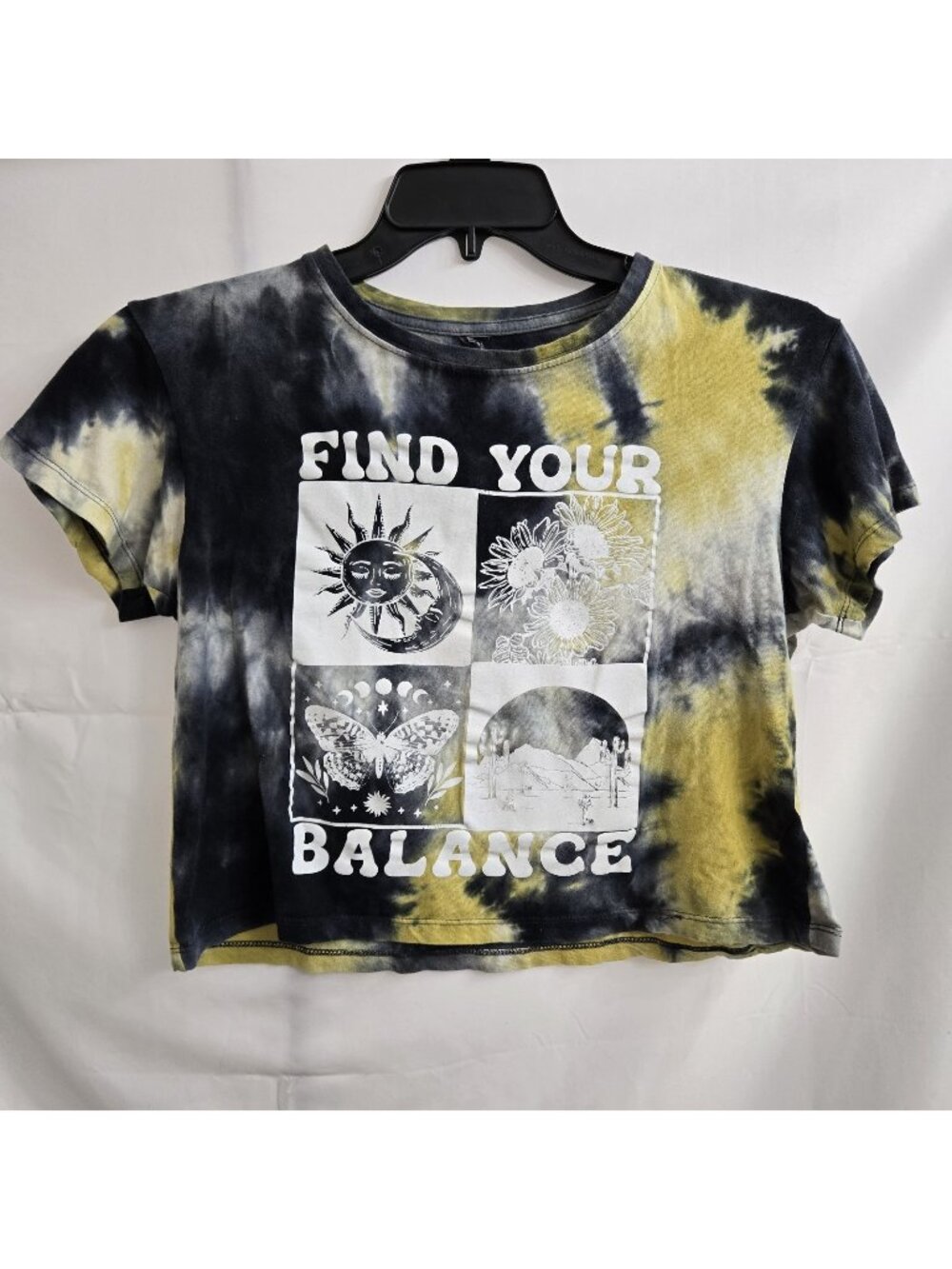 Sweet Lilac Black & Yellow Tie Dye Boho Y2K Moon Floral Crop Top Size Small